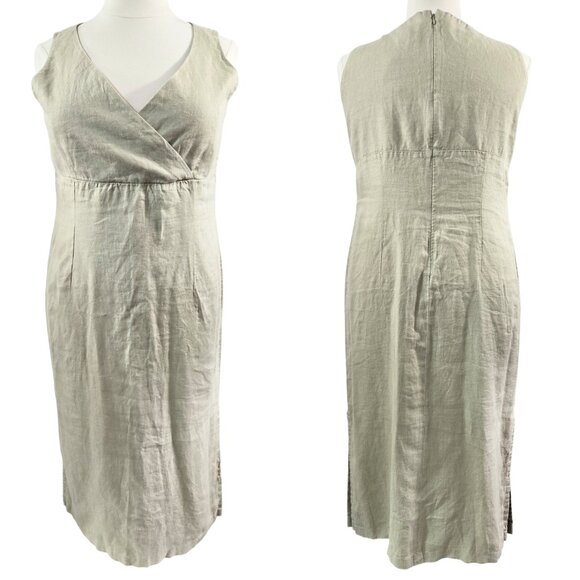 Old Navy NWT 100% Linen Pale Tan Green Surplice Neck Midi Dress Lagenlook - Picture 1 of 9